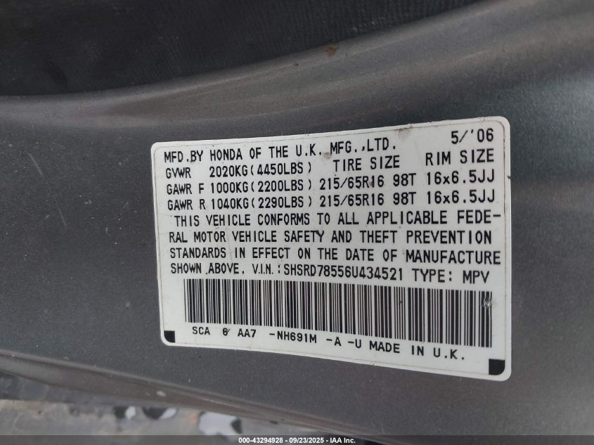 2006 Honda Cr-V Lx VIN: SHSRD78556U434521 Lot: 43294928