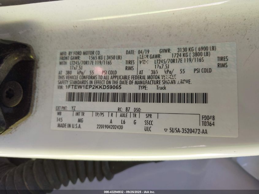 2019 Ford F-150 Xlt VIN: 1FTEW1EP2KKD59065 Lot: 43294932