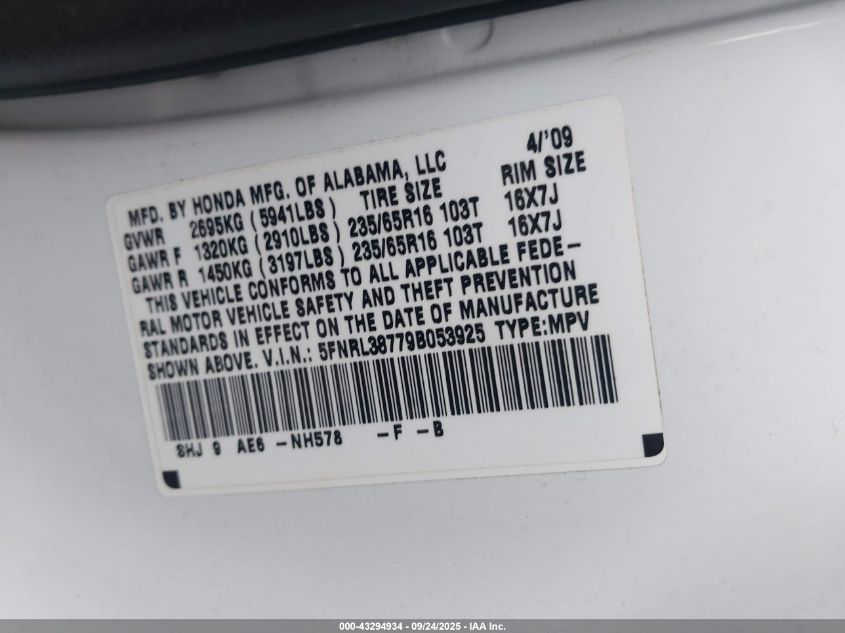 2009 Honda Odyssey Ex-L VIN: 5FNRL38779B053925 Lot: 43294934