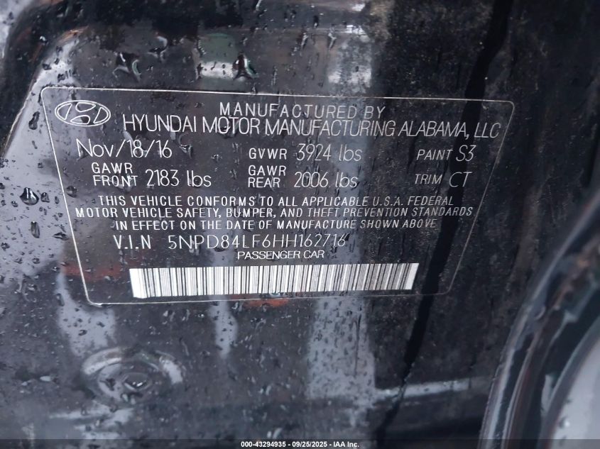 2017 Hyundai Elantra Value Edition VIN: 5NPD84LF6HH162716 Lot: 43294935