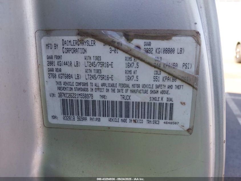 2001 Dodge Ram 2500 St VIN: 3B7KC26Z21M558979 Lot: 43294936
