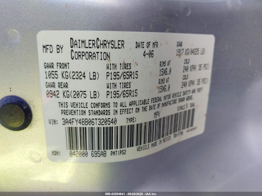 2006 Chrysler Pt Cruiser VIN: 3A4FY48B06T320540 Lot: 43294941