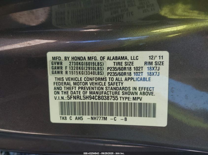 2012 Honda Odyssey Touring/Touring Elite VIN: 5FNRL5H94CB038755 Lot: 43294943