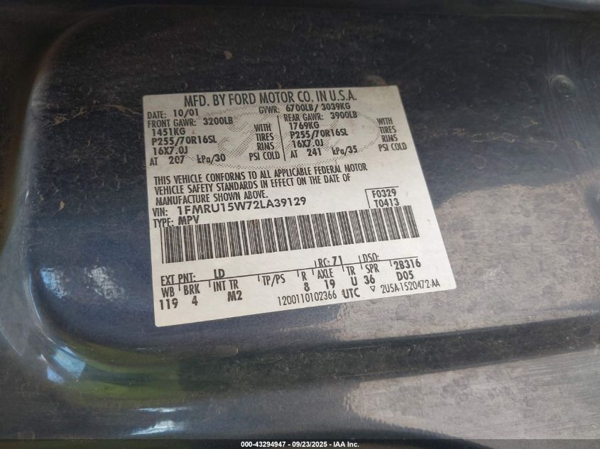 2002 Ford Expedition Xlt VIN: 1FMRU15W72LA39129 Lot: 43294947