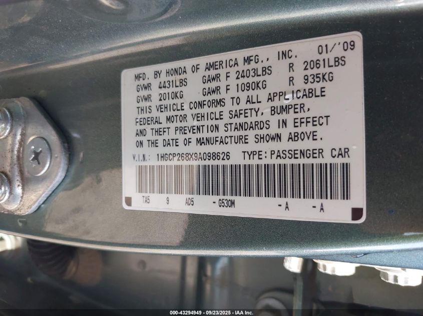 2009 Honda Accord 2.4 Ex-L VIN: 1HGCP268X9A098626 Lot: 43294949