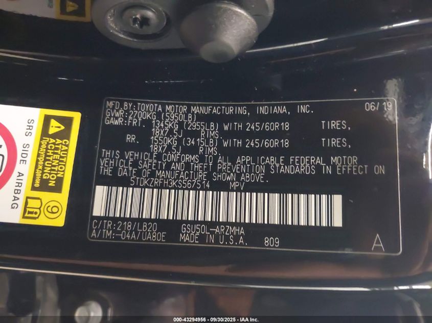 2019 Toyota Highlander Xle VIN: 5TDKZRFH3KS567514 Lot: 43294956