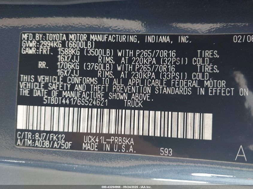 2006 Toyota Tundra Sr5 V8 VIN: 5TBDT44176S524621 Lot: 43294966