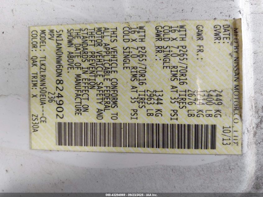 2013 Nissan Xterra S VIN: 5N1AN0NW6DN824902 Lot: 43294969