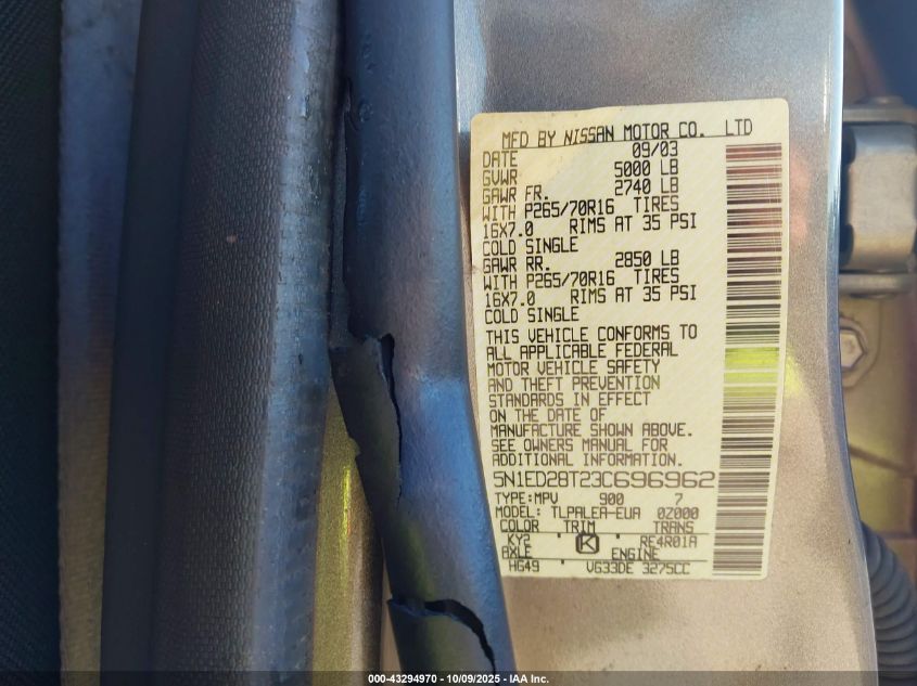 2003 Nissan Xterra Xe VIN: 5N1ED28T23C696962 Lot: 43294970