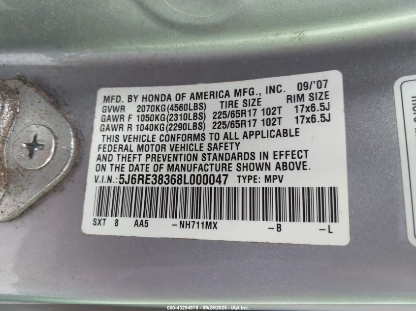 2008 Honda Cr-V Lx VIN: 5J6RE38368L000047 Lot: 43294975