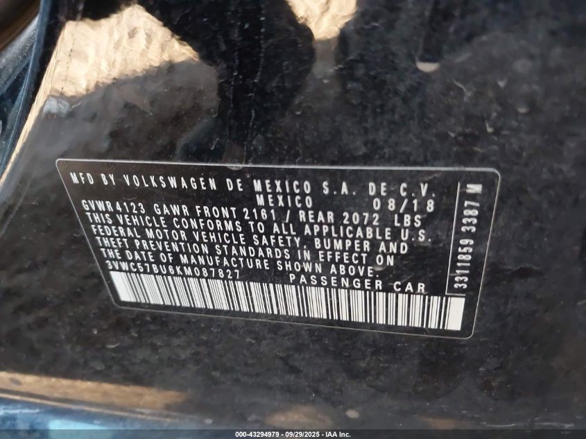 2019 Volkswagen Jetta 1.4T R-Line/1.4T S/1.4T Se VIN: 3VWC57BU6KM087827 Lot: 43294979