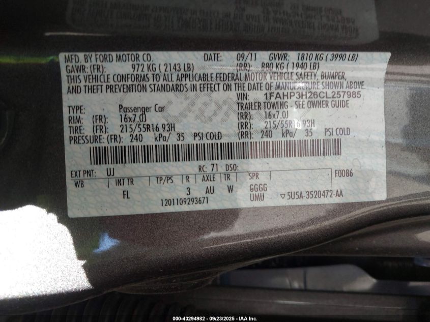 2012 Ford Focus Sel VIN: 1FAHP3H26CL257985 Lot: 43294982