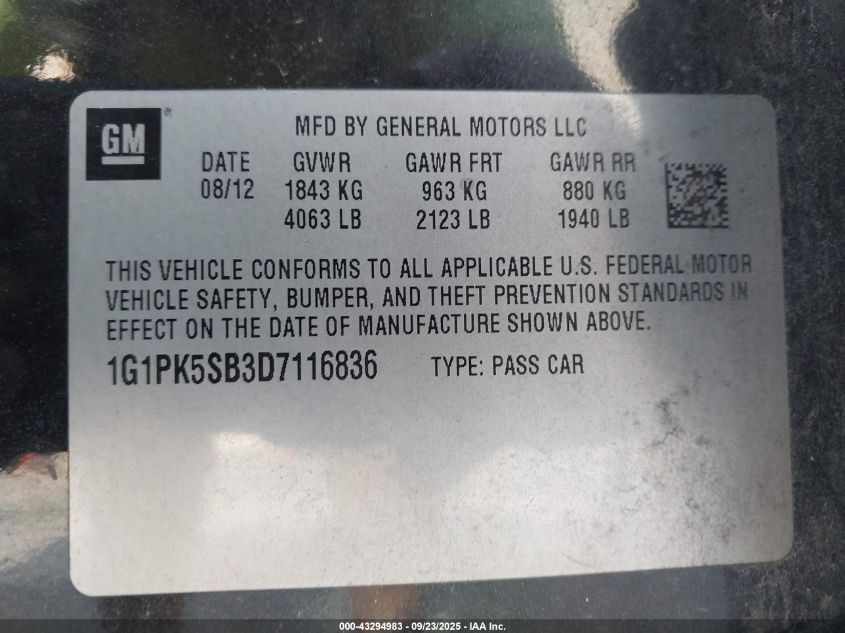 2013 Chevrolet Cruze Lt VIN: 1G1PK5SB3D7116836 Lot: 43294983