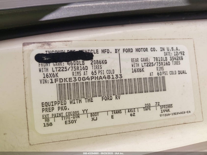 1993 Ford Econoline E350 Cutaway Van VIN: 1FDKE30G4PHA48133 Lot: 43294985