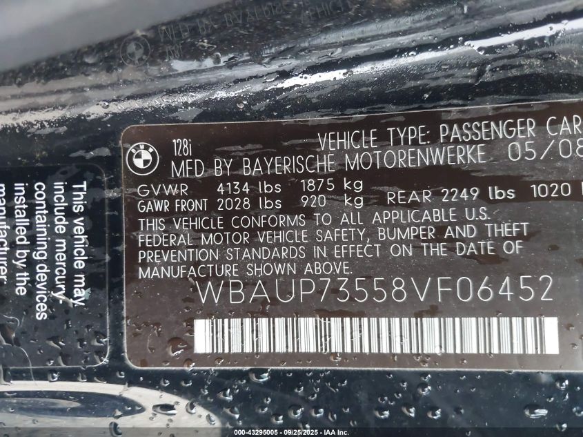 2008 BMW 128I VIN: WBAUP73558VF06452 Lot: 43295005