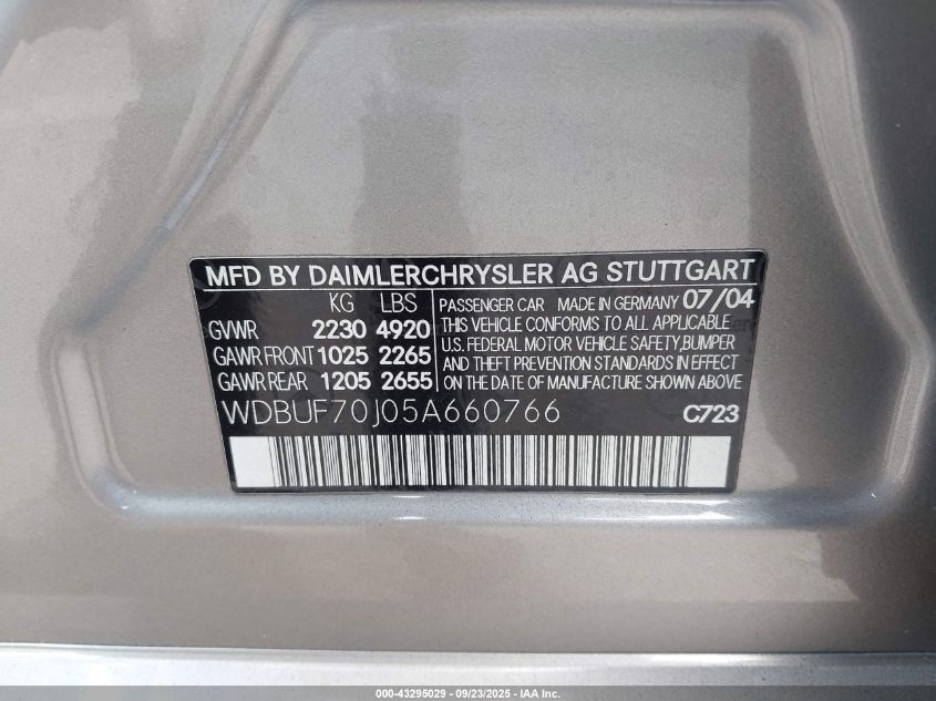 2005 Mercedes-Benz E 500 VIN: WDBUF70J05A660766 Lot: 43295029