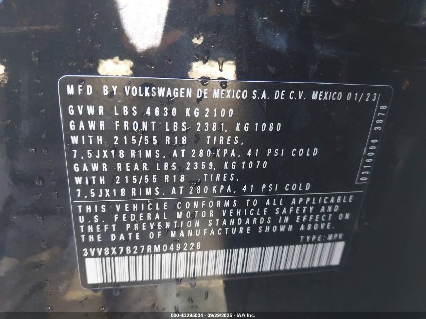 2024 Volkswagen Taos 1.5T S VIN: 3VV8X7B27RM049228 Lot: 43295034