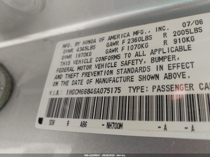 2006 Honda Accord 3.0 Ex VIN: 1HGCM66846A075175 Lot: 43295047
