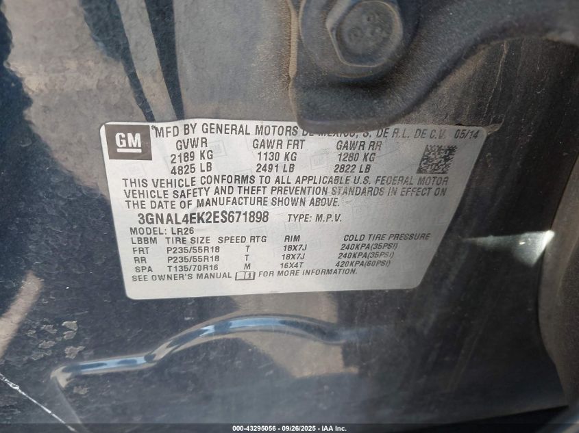 2014 Chevrolet Captiva Sport Ltz VIN: 3GNAL4EK2ES671898 Lot: 43295056