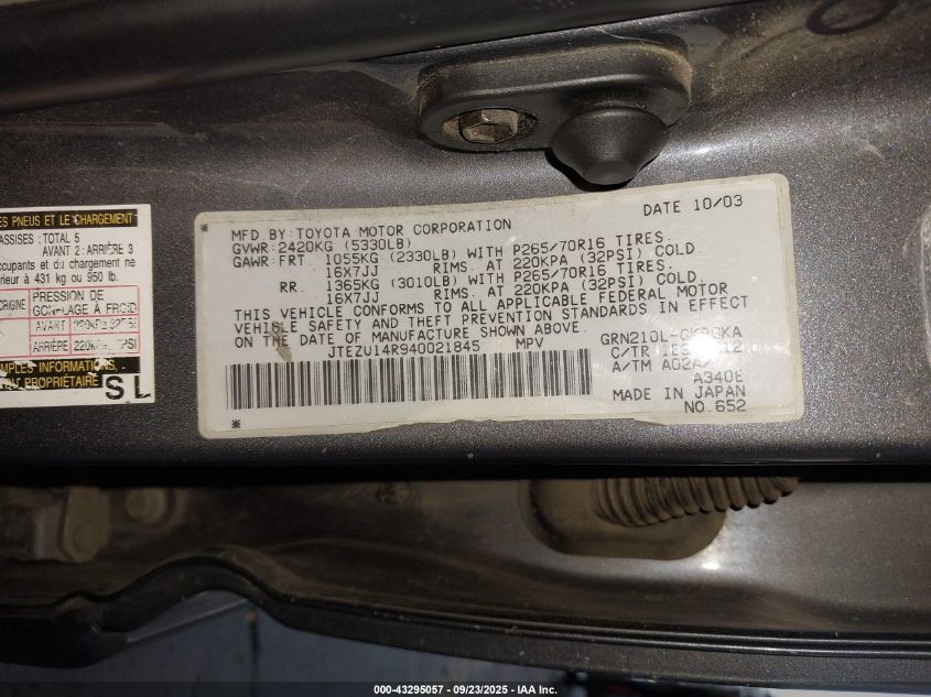 2004 Toyota 4Runner Sr5 V6 VIN: JTEZU14R940021845 Lot: 43295057