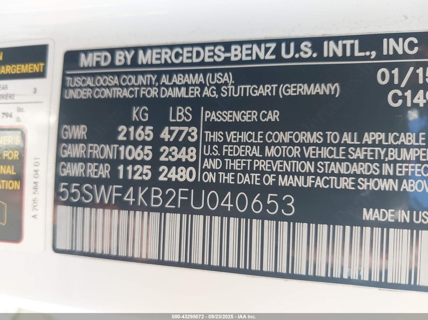 2015 MERCEDES-BENZ C 300 4MATIC 55SWF4KB2FU040653