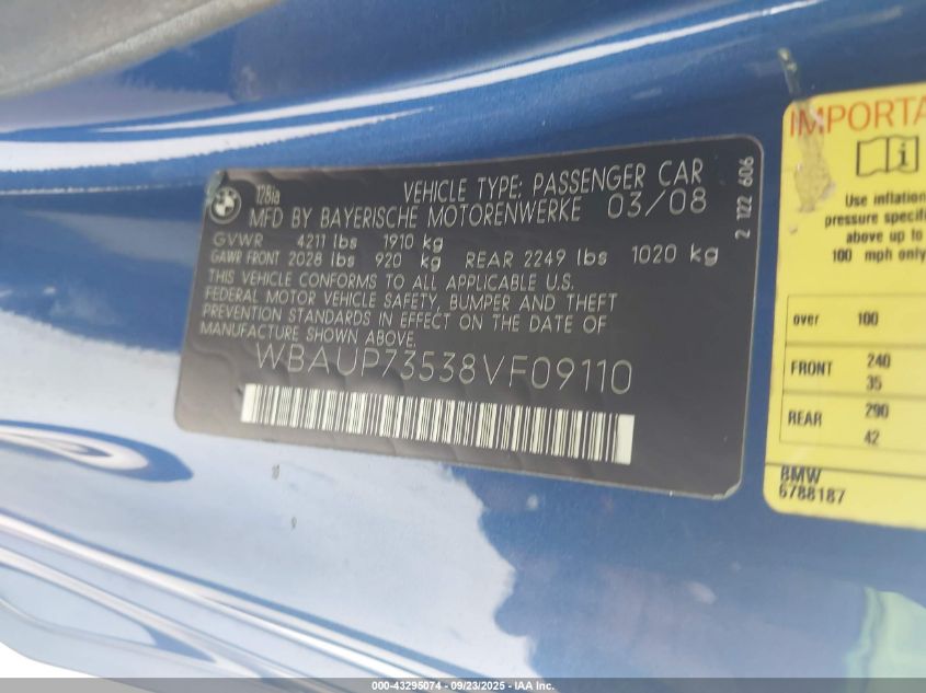 2008 BMW 128I VIN: WBAUP73538VF09110 Lot: 43295074