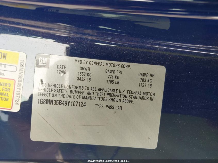 2009 Saturn Sky VIN: 1G8MN35B49Y107124 Lot: 43295076