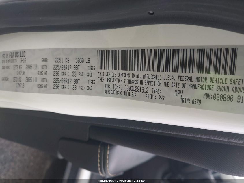 2016 Jeep Cherokee Latitude VIN: 1C4PJLCB0GW291312 Lot: 43295078