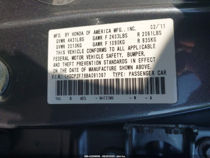 2011 Honda Accord 2.4 Ex VIN: 1HGCP2F79BA091387 Lot: 43295096
