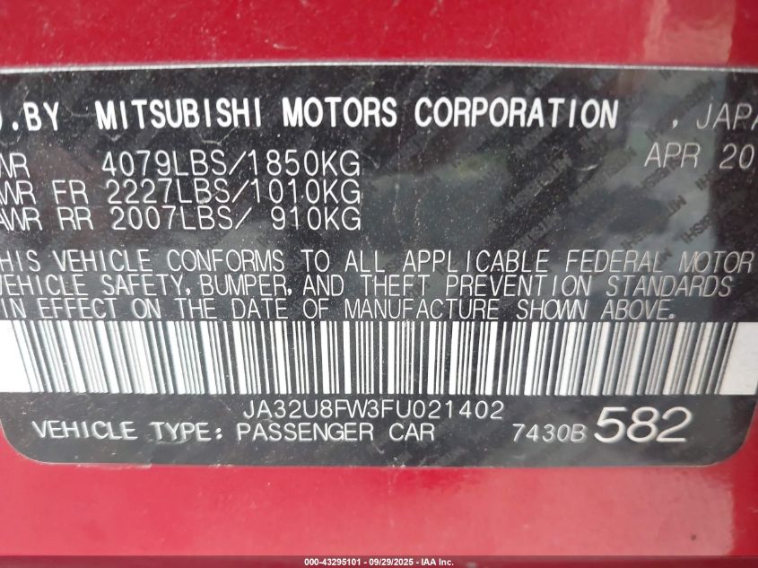 2015 Mitsubishi Lancer Gt VIN: JA32U8FW3FU021402 Lot: 43295101