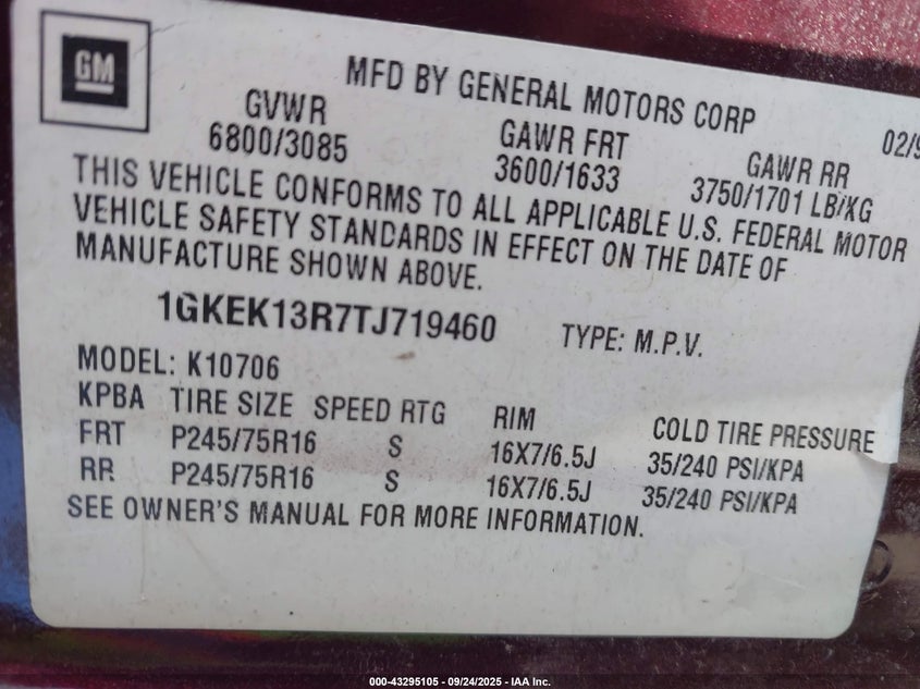 1996 GMC Yukon VIN: 1GKEK13R7TJ719460 Lot: 43295105