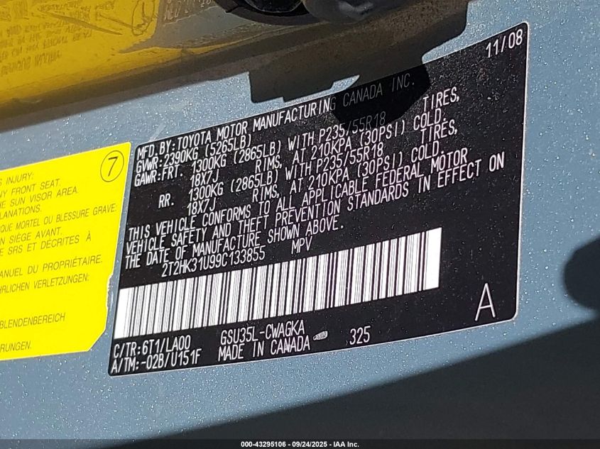 2009 Lexus Rx 350 VIN: 2T2HK31U99C133855 Lot: 43295106