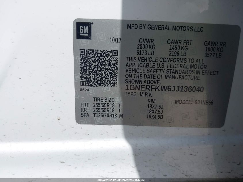 2018 Chevrolet Traverse Ls VIN: 1GNERFKW6JJ136040 Lot: 43295112