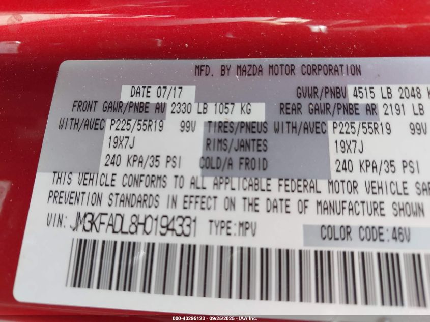 2017 Mazda Cx-5 Grand Select VIN: JM3KFADL8H0194331 Lot: 43295123