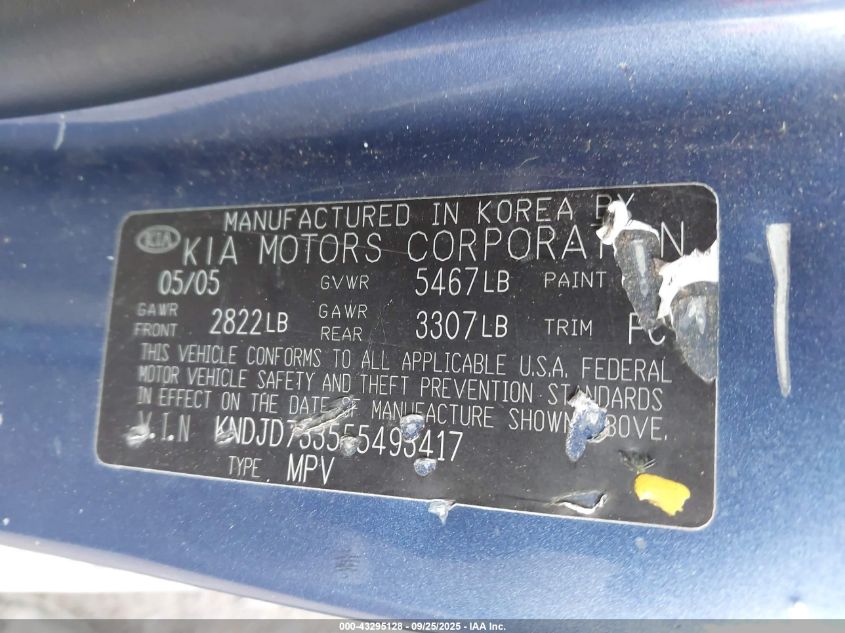 2005 Kia Sorento Ex/Lx VIN: KNDJD733555493417 Lot: 43295128