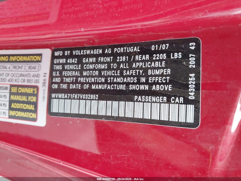 2007 Volkswagen Eos 2.0T VIN: WVWBA71F67V032952 Lot: 43295139