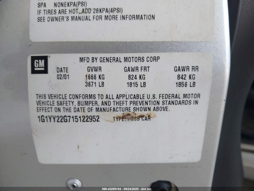 2001 Chevrolet Corvette VIN: 1G1YY22G715122952 Lot: 43295154