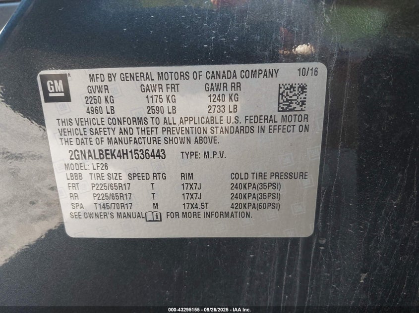 2017 Chevrolet Equinox Ls VIN: 2GNALBEK4H1536443 Lot: 43295155