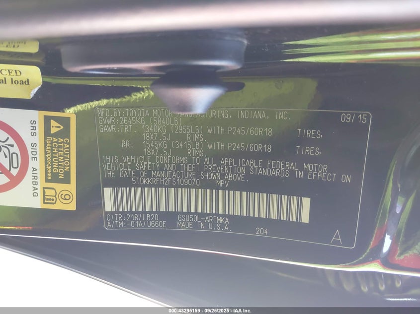 2015 TOYOTA HIGHLANDER XLE V6 - 5TDKKRFH2FS109070