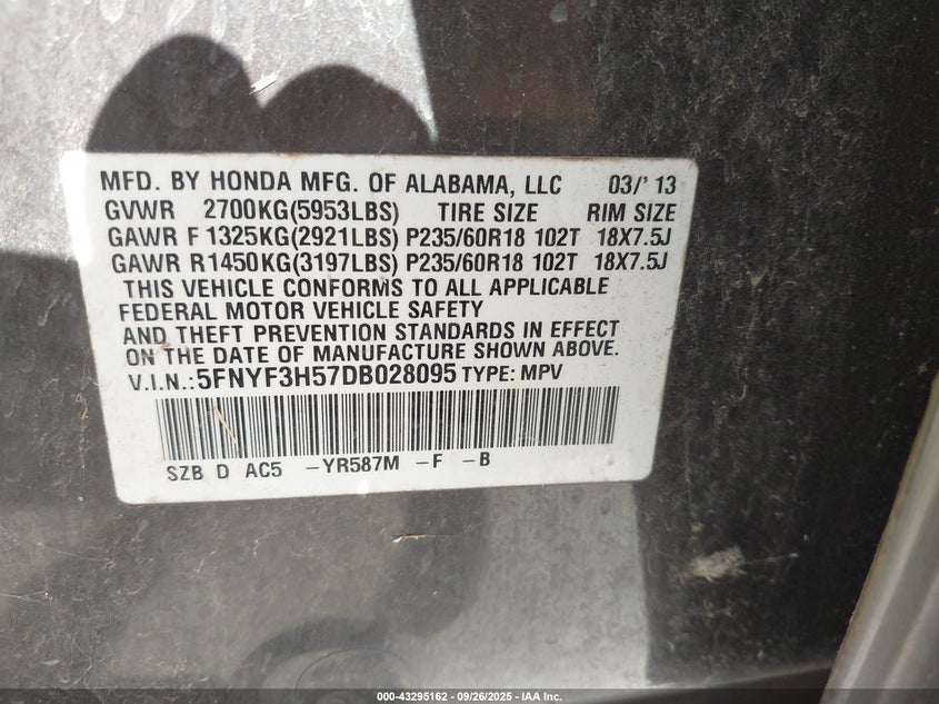 2013 HONDA PILOT EX-L - 5FNYF3H57DB028095