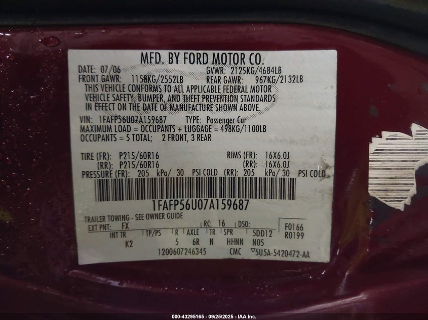 2007 Ford Taurus Sel VIN: 1FAFP56U07A159687 Lot: 43295165