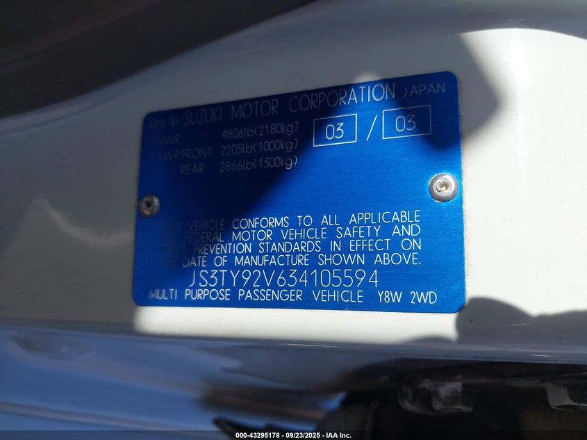 2003 Suzuki Xl-7 Ltd/Touring VIN: JS3TY92V634105594 Lot: 43295178