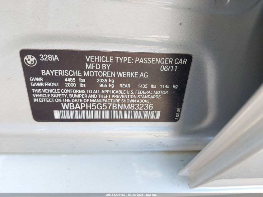 2011 BMW 328I VIN: WBAPH5G57BNM83236 Lot: 43295180