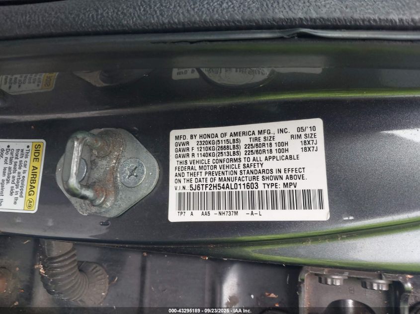 2010 Honda Accord Crosstour Ex-L VIN: 5J6TF2H54AL011603 Lot: 43295189