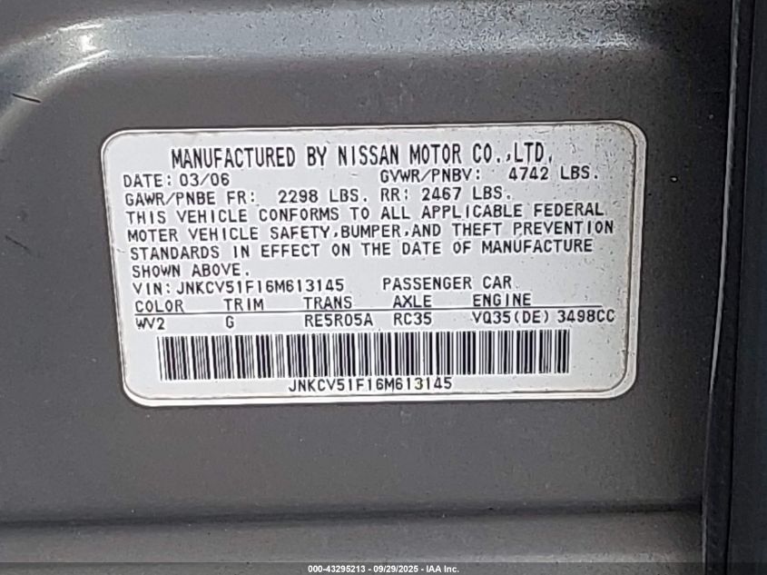 2006 Infiniti G35X VIN: JNKCV51F16M613145 Lot: 43295213