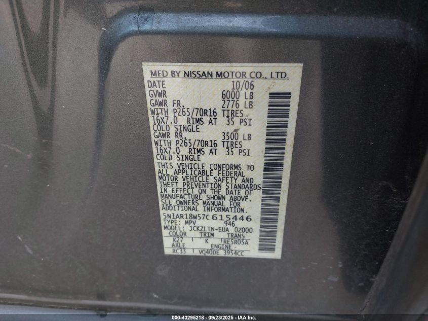 2007 Nissan Pathfinder Se VIN: 5N1AR18W57C615446 Lot: 43295218