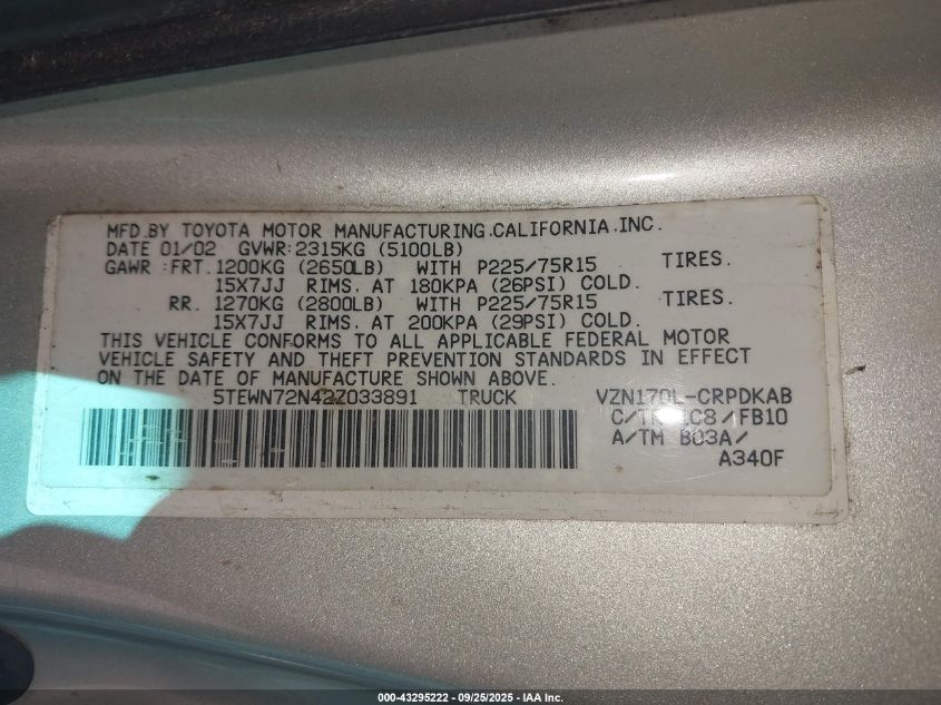 2002 Toyota Tacoma Base V6 VIN: 5TEWN72N42Z033891 Lot: 43295222