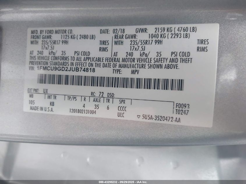 2018 Ford Escape Se VIN: 1FMCU9GD2JUB74818 Lot: 43295232