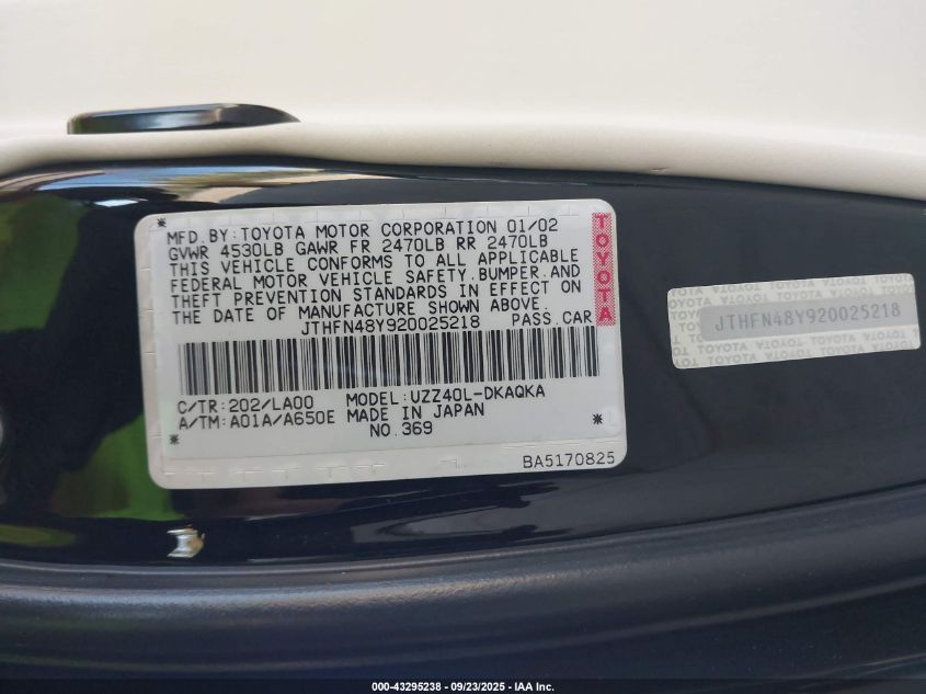 2002 Lexus Sc 430 VIN: JTHFN48Y920025218 Lot: 43295238