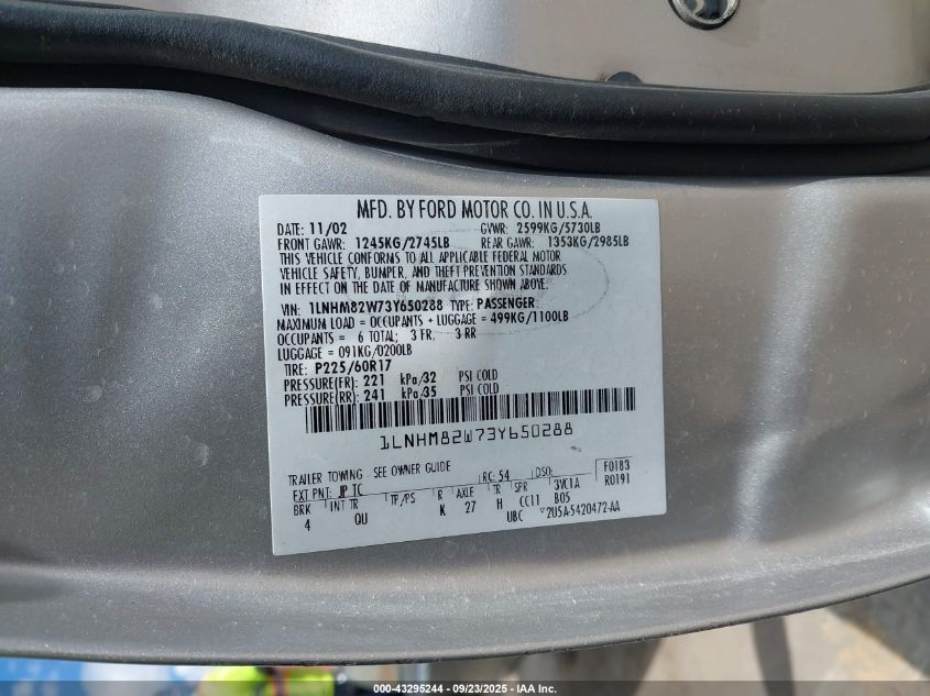 2003 Lincoln Town Car Signature VIN: 1LNHM82W73Y650288 Lot: 43295244